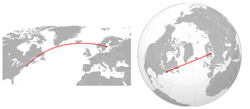 A diagram of a great circle flight path.  First on a rectangular/planar projection, where it doesn't look like a straight line; then on a sphere, where it does.