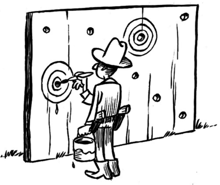 Cartoon of a wall filled with bullet holes, and a cowboy painting a target around each hole.