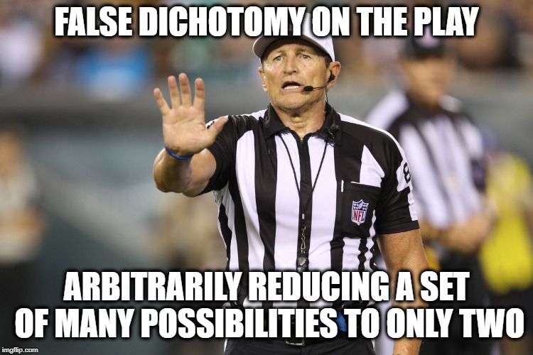 Image of umpire: "False dichotomy on the play.  Arbitrarily reducing a set of many possibilities to only two."