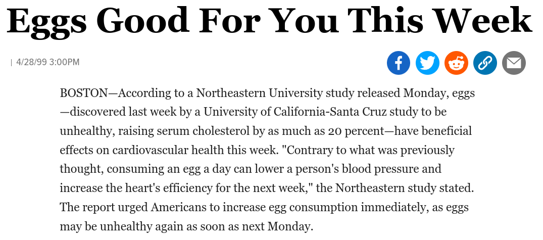 Screenshot of a short onion article, titled "Eggs Good For You This Week"